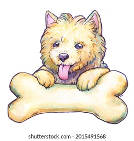 Dog bone logo white fluffy dog food pomeranian cute smile tongue watercolor isolated