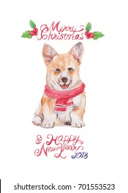 Dog card, watercolor painting on white background. Chinese calendar, zodiac. Symbol of 2018 New Year.