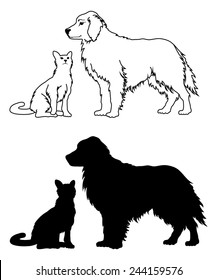 Dog   Cat Graphic Style is an illustration two dog   cat black   white graphics  One is in an outline drawing form   the other is in silhouette form