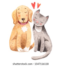 A dog and cat sitting side by side. Pets are the best friends. Watercolor cute illustration. Joyful puppy and kitten.  - Powered by Shutterstock