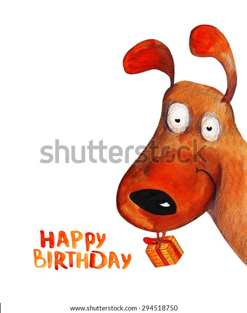 隅の方から犬とプレゼント 誕生日おめでとう 水彩イラスト 手描き のイラスト素材