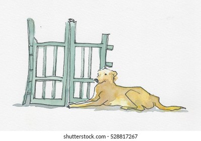 Dog And Door Watercolor Painting