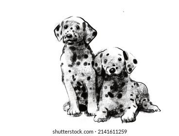 Dog Drawn, Illustration, Fabric Print.  The Dog Is Man's Friend.  Image Of Pets For Interior Decoration.  Black And White Colors Dalmation