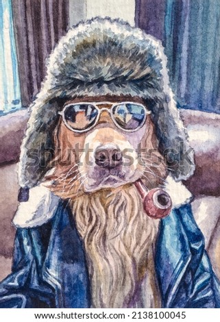 Dog. Dressed up funny dog portrait with smoking pipe, sunglasses, winter bomber hat, blue jacket. Watercolor painting. Acrylic drawing art. A piece of art. 