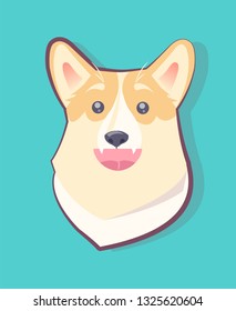 Dog Emoticon Of Happy Puppy With Open Mouth And Cute Ears, Good Mood Of Pet And Raised Brows, Raster Illustration Isolated On Blue Background