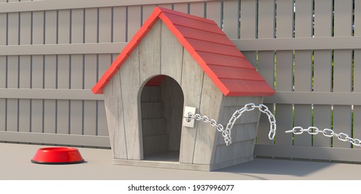 Dog Escape, Doghouse Empty, Chain Broken. Wooden Cabin For Domestic Animal Pet, Home Backyard. House Fence Background, 3d Illustration