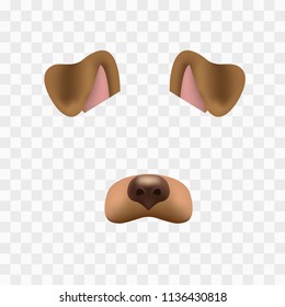 Dog Face Mask For Video Chat Isolated On Checkered Background. Animal Character Ears And Nose. 3d Filter Effect For Selfie Photo Decoration. Brown Dog Elements.