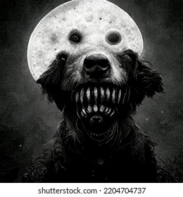 A Dog With Fangs Against The Backdrop Of The Moon. Dark Fantastic Beast. Computer Graphics Of A Monstrous Dog.