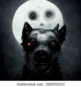 A Dog With Fangs Against The Backdrop Of The Moon. Dark Fantastic Beast. Computer Graphics Of A Monstrous Dog.