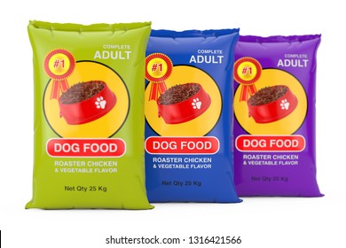 Dog Food Bag Packages Design On A White Background. 3d Rendering 