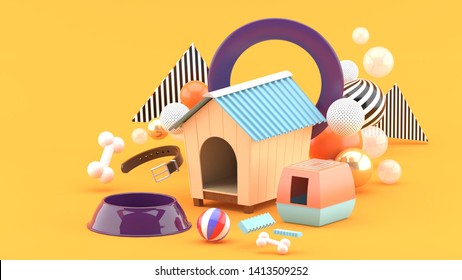 The Dog House Is Surrounded By A Dog Food Bowl, Ball, Bones And Collar, Surrounded By Colorful Balls On An Orange Background.-3d Rendering.
