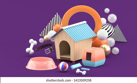 The dog house is surrounded by a dog food bowl, ball, bones and collar, surrounded by colorful balls on a purple background.-3d rendering.