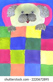 The Dog Lies Under A Checkered Blanket. Children's Drawing