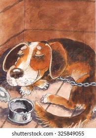 the dog is the chain curled up sleeping the floor boards breed animal watercolor art