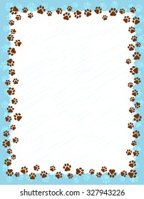 Dog Paw Prints Border / Frame On Light Blue Grunge Background