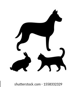 Dog Puppy, Cat And Bunny Colorless Silhouettes Isolated Icons Raster. Hound Wagging Tail And Kitten, Rabbit With Long Ears. Pets And Domestic Animals