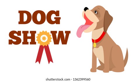 Dog Show Poster Colorful Raster Illustration With Cute Sitting Big Pink Tongue Cartoon Puppy Red Collar Yellow Award Text Sample