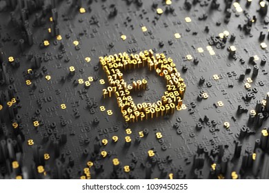 Dogecoin Symbol. 3D Illustration of Gold Dogecoin Logo on the Black Digital Background With Scatter of Digits.