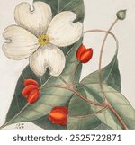 Dogwood Tree, Fringe Tree, Dahoon Holly, Yapon by Mark Catesby (1683-1749). White flower illustration. Vintage white floral flower art drawing illustration, old painting art print of floral flower.