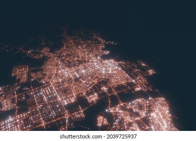 Doha Aerial View At Night. Top View On Modern City With Street Lights. Satellite View With Glow Effect