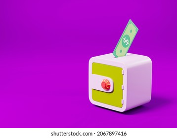 Dollar Bill Banknote Money Being Put Into Isometric Safe Box On Purple Background, Finance Safety Protection And Savings Concept, Business Digital Security Banking Online, 3D Rendering Illustration