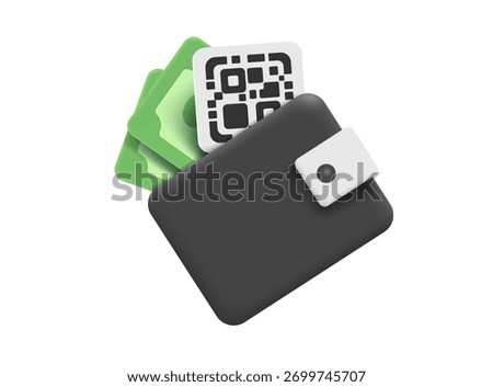 Dollar bill and QR code are placed in cute minimalist black portable wallet for designing promotion or advertising for payments or money transfers via scanning on digital platforms, vector 3d isolated