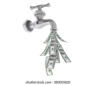 Dollar Bills Coming Out From Chrome Water Tap on a white background