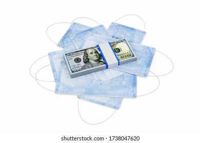 Dollar Bills With Medical Mask On White Background. Сoncept Of Making Money And Doing Business In The Context Of The Crisis Of A Coronavirus In The World. 3D Rendering