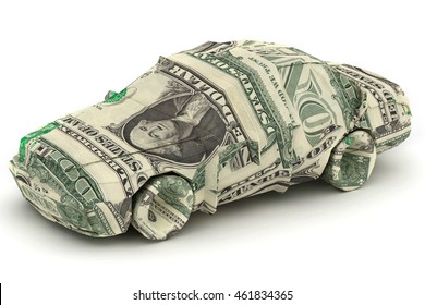 Dollar Car. Money Origami. Car Made From American One Dollar Bill. 3D Illustration