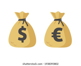 Dollar Cash Sack And Euro Money Bag Icon Flat Cartoon Isolated On White Sign Image