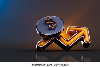 Dollar Up Chart Icon On Dark Background 3d Render Concept For Income Salary Dollar Rate Increase