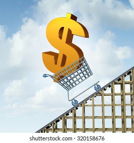 Dollar Currency Rise Financial Path Concept As A Three Dimensional American Money Icon In A Shopping Cart Going Up A Roller Coaster As An Economic Symbol For A Gain In Canadian And Australian Money.