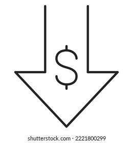 Dollar Falling Down. Icon Of A Dollar Sign And Arrow Pointing Down, Concept Of Financial Crisis. Economy Decrease And Recession