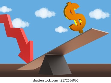 Dollar Fluctuations. US Currency Symbol On Swing. Rebound In Financial Market Concept. Rebound Of American Dollar. Fall And Rise Of Dollar. Red Down Arrow On Sky Background. 3d Rendering.