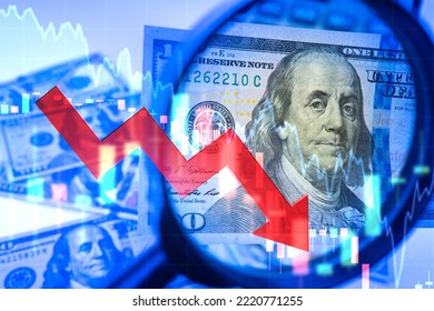 Dollar Inflation. Graph Declining Demand For US Currency. Red Down Arrow Inflation. Falling Income From American Bonds Concept. Magnifying Glass Torn By Banknotes. Financial Inflation. 3d Image.