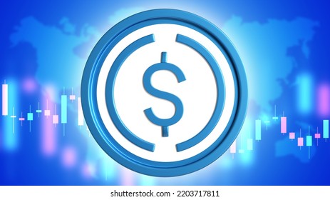 Dollar Investment. Coin With US Dollar Symbol. Blue Chip With Quotes. USD Currency. Investment In American Currency Concept. Dollar In Front Of World Map. Buying And Selling USD On Exchange.