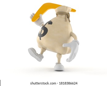 Dollar Money Bag Character Throwing Boomerang Isolated On White Background. 3d Illustration