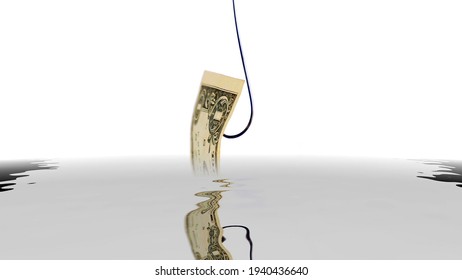 Dollar On Fish Hook Reflecting In Water 3d Illustration