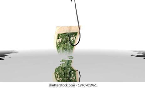 Dollar On Fish Hook  Reflecting In Water 3d Illustration
