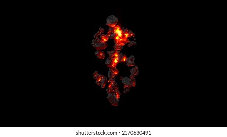 Dollar - Peso Sign Made Of Very Hot Lava Stones On Black, Isolated - Object 3D Rendering