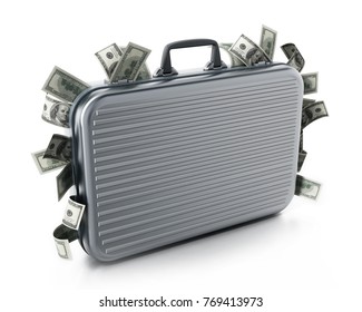 Dollar piles inside briefcase isolated on white background. 3D illustration.