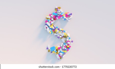 Dollar Sign Made Of Medical Pills. Pharmaceutical Business Concept. 3D Render Illustration
