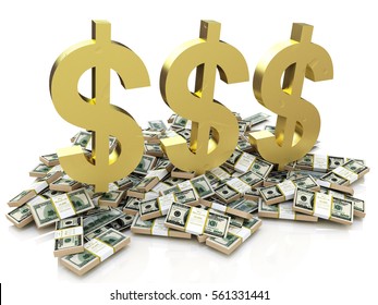 Dollar Sign and stack of money in the design of the information related to finances. 3d illustration