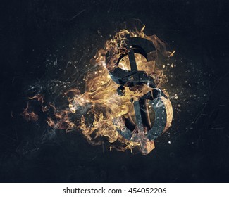 Dollar symbol in fire . Mixed media