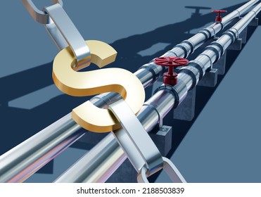 Dollar Symbol And Gas Pipes. Sale Of Gas And Oil Products. Pipeline For Gas Imports. Sale Of Energy Resources With Transportation Through Pipe. Dollar Logo On Pipeline. 3d Rendering.