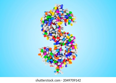 Dollar symbol from medicine capsules, pills. 3D rendering isolated on blue background - Powered by Shutterstock