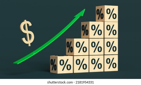 Dollar Symbol Rises Up A Green Arrow Above A Pyramid Of Wooden Cubes With A Percent Sign On Each Side. 3D Rendering. Finance Concept