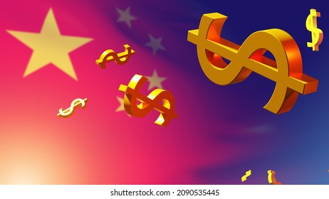 Dollar Symbols On Chinese Flag Background. Flying Dollar Signs. Parachute Money In Ñhina. Economic Relations Between China And America. Chinese Exports. Payment System. 3d Image