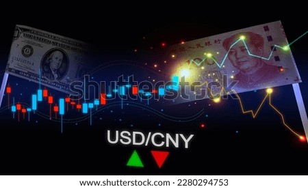 Dollar and Yuan banknotes as flags with volatility graphs, investor risk control, bank policy announcements, economic data, and unemployment rate