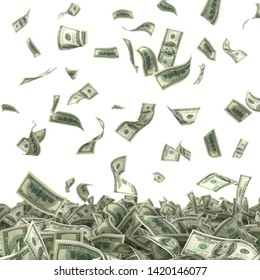Dollars Bills Falling On Heap Of Money 3d Illustration